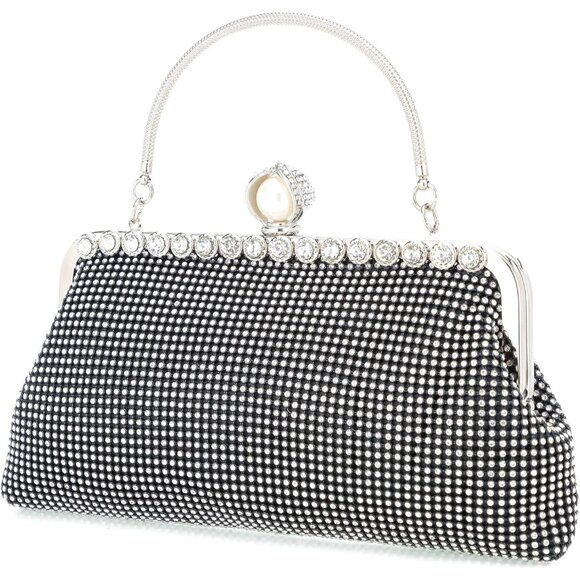 ⚡  Women's Rhinestones Envelope Style Chain Strap Black White Clutch Handbag - Picture 3 of 7